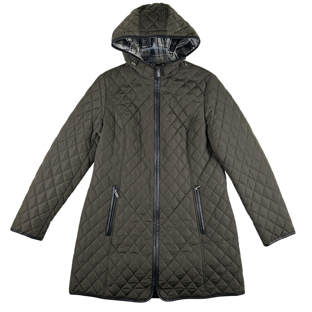 Jones New York Quilted Coat Womens Medium Green Hooded Full Zip Belted Pockets